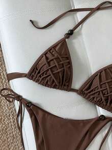 Bikinx 女士性感露背串珠交叉比基尼套装，侧边系带泳裤，高弹面料 - 鏽棕色 - 查看 3