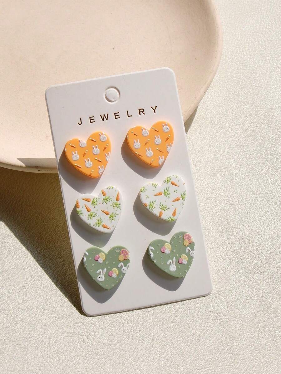 3 Pairs/Set Cute Rabbit, Carrot, Easter Egg, Heart Acrylic Stud Earrings Set, Holiday Party Gift For Women - Multicolor - View 1