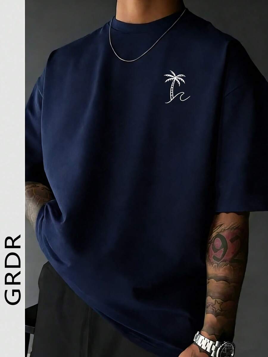 GRDR 男士圆领时尚棕榈树印花短袖T恤,休闲款 - 藏蓝色 - 查看 1