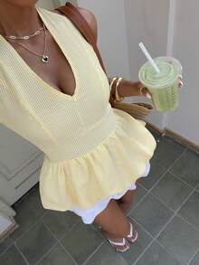 阳光少女风夏季女士Y2K性感纯粹欲望风格露背无袖吊带背心，飘逸荷叶边下摆，适合街头、通勤和海滩度假 - 黃色 - 查看 8