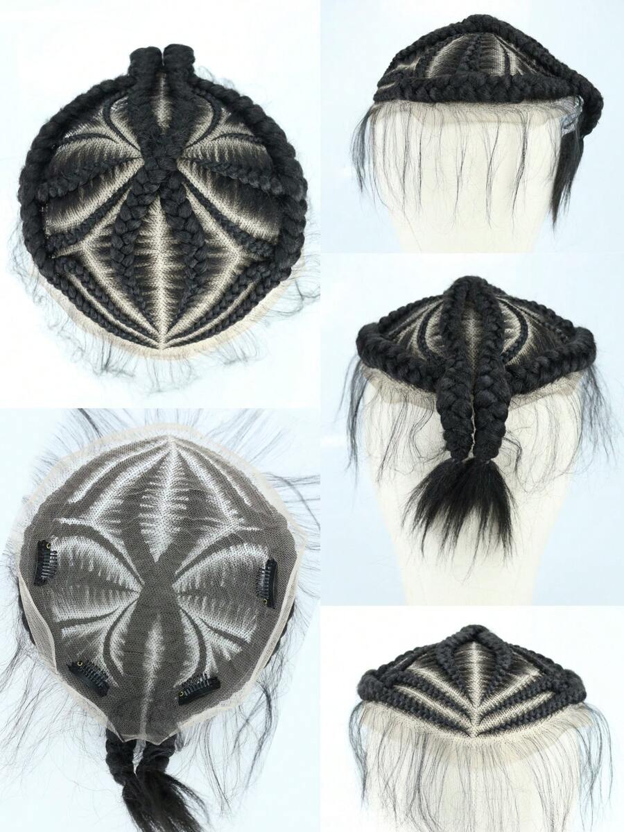 6-Inch Synthetic Braided Wig, Unique Lace Weaving Design, Parallel Square Braiding, Fashionable Business Hairstyle For African Men, Black - Black - View 1