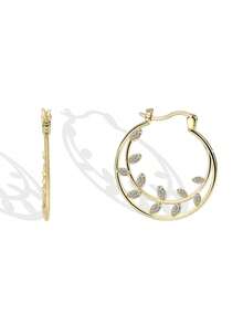 Women's Gold-Plated Double-Layer Hoop Earrings With Leaf-Shaped Zirconia Accents, Minimalist Elegant Style, Suitable For Daily Commute And Work Outfits, An Ideal Gift For Fashion Enthusiasts - Gold - View 6