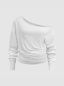 Áo thun dài tay màu trắng SMILE CHIC với thiết kế bất đối xứng, kiểu dáng giản dị dành cho nữ, thoải mái và đa năng, thích hợp cho mùa xuân, kỳ nghỉ và mặc hàng ngày. - trắng - Xem 4
