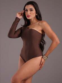 J.A.B.I Modas Women's Long Sleeve One Shoulder Bodysuit - Chocolate Brown - View 3