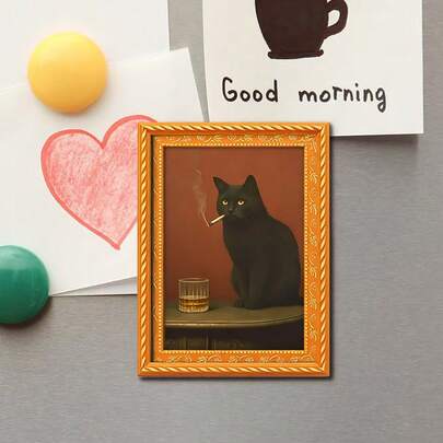 1pc Funny Black Cat Drinking Pattern Fridge Magnet, Mini Frame Shaped, Small Creative Frame Wall Decor, Wooden Craft, Interesting Home Decor, Cat Lover Essential Fridge Magnet, Amusing Home Decor Prop, Holiday Gift