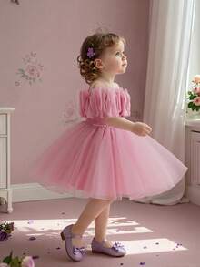 女婴无袖仿珍珠蕾丝欧根纱可爱蓬蓬公主裙，适合生日庆祝、重要场合、节日等。 - 藕粉色 - 查看 7