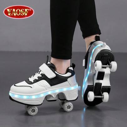YAOSF Patines de ruedas mejorados para niños y adolescentes, patines en línea de moda, mayor estabilidad, zapatos deportivos con ruedas que se despliegan con un solo botón, zapatos de patinaje sobre hielo geniales para la calle, zapatos con luces para exteriores, nuevos zapatos de patinaje sobre ruedas, zapatos con luces LED, recargables por USB