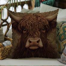 1pc Highland Cow Artistic Throw Pillow Cover - Modern Farmhouse Floral And Brown Design, Made Of Soft Polyester Fabric With Zipper Closure, Machine Washable Decorative Cushion Cover For Sofa, Living Room, Bedroom, Cow Themed Decor - Multicolor - View 3