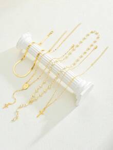 四件套女士项链套装，波西米亚风首饰，珍珠十字架多层金链项链，夏季假日首饰，Y字形长项链设计，适合日常通勤、复古派对约会等场合，时尚高端气质项链组合，节日生日礼物 - 金黃色 - 查看 5