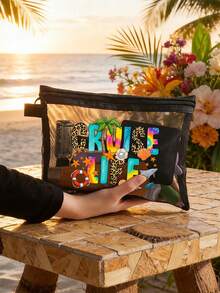 Bolsa de malla con diseños de estilo de vida de crucero, con patrones de letras, que presenta diseños de árbol de coco, concha marina, ballena y estrella de mar. Bolsa de almacenamiento portátil con cojín rojo, bolsa de cosméticos, bolsa de cuidado de la piel, artículo de viaje, suministros para dormitorio, regalo de boda, regalo del Día de la Madre, regalo de cumpleaños. - Multicolor - Ver 3