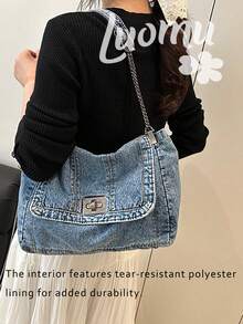 Winter New Fashion Classic Joker Solid Color Retro Wash Jeans Material Metal Chain Shoulder Bag Quilted Embroidery Thread Decoration Design Large-Capacity Shoulder Bag Suitable For Shopping And Outing. - Blue - View 2