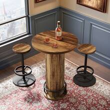LITTLE TREE Round Bar Table With Chairs, Industrial Bistro Sets With 2 Barstools, Pub Cocktail Table With Metal Ring Footrest For Kitchen Nook, Apartment, Small Space - Nâu mộc mạc - Xem 3