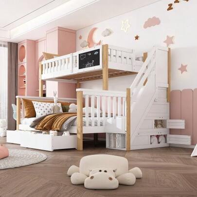 Children's Bunk Bed, Double Bed, Multifunctional Children's Bed, With Chalkboard And Drawers, Without Mattress, White+Light Oak, 90*200+140*200 [OLD SKU:N634W0007N]