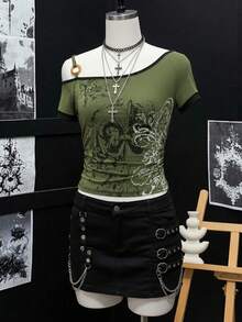 女士Y2K复古不对称T恤 - 橄榄绿，单肩O型环，抽象印花，侧边褶皱休闲款 - 彩色 - 查看 6