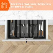 7Sevenjokers 33-57cm Extendable Cutlery Drawer Organiser 8 Compartments Adjustable Plastic Kitchen Utensil Storage Tray For Spoons Forks Miscellaneous Items Home Kitchen Organization - 黑色 - 查看 8