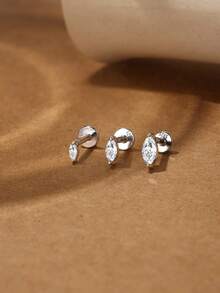 1Pc 925 Sterling Silver Moissanite Classic Horse'S Eye Multiple Sizes Stud Earring Hypoallergenic Pure Silver Flat Back Cartilage Helix Piercing Suitable For Women'S Daily Wear, Parties, Wedding, And Banquet Occasions - Silver - View 2