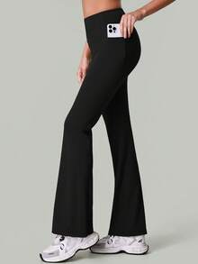 女士高腰时尚休闲喇叭紧身裤，带侧袋，适合舞蹈、瑜伽、健身和跑步 - 黑色 - 查看 8