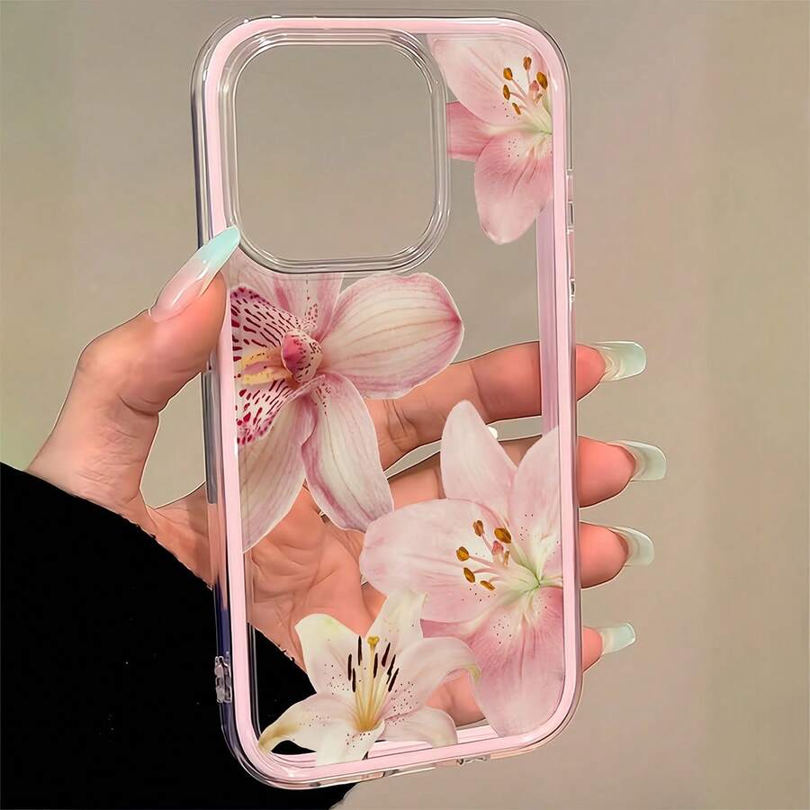 Flower 1pc Transparent Phone Case With Pink Floral Pattern, Minimalist Design, Scratch & Shock Resistant, Compatible With IPhone 16 Pro Max, 17/16/15/14 Plus, 13/12/11 - Multicolor - View 1
