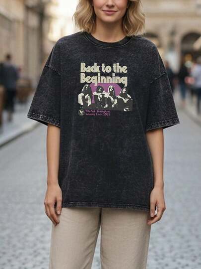 100% Washed Ladies' Crew Neck T-Shirt Back To The Beginning, Band Members Illustration, Villa Park Birmingham, Saturday 5 July 2025. Daily Wear For Spring, Summer And Autumn, Machine Washable, Ideal For Casual Outdoor & Sports, Urban Fashion , Durable Fabric, High-Quality Print, Youth Apparel, Streetwear Style, Soft Fabric, Breathable Material