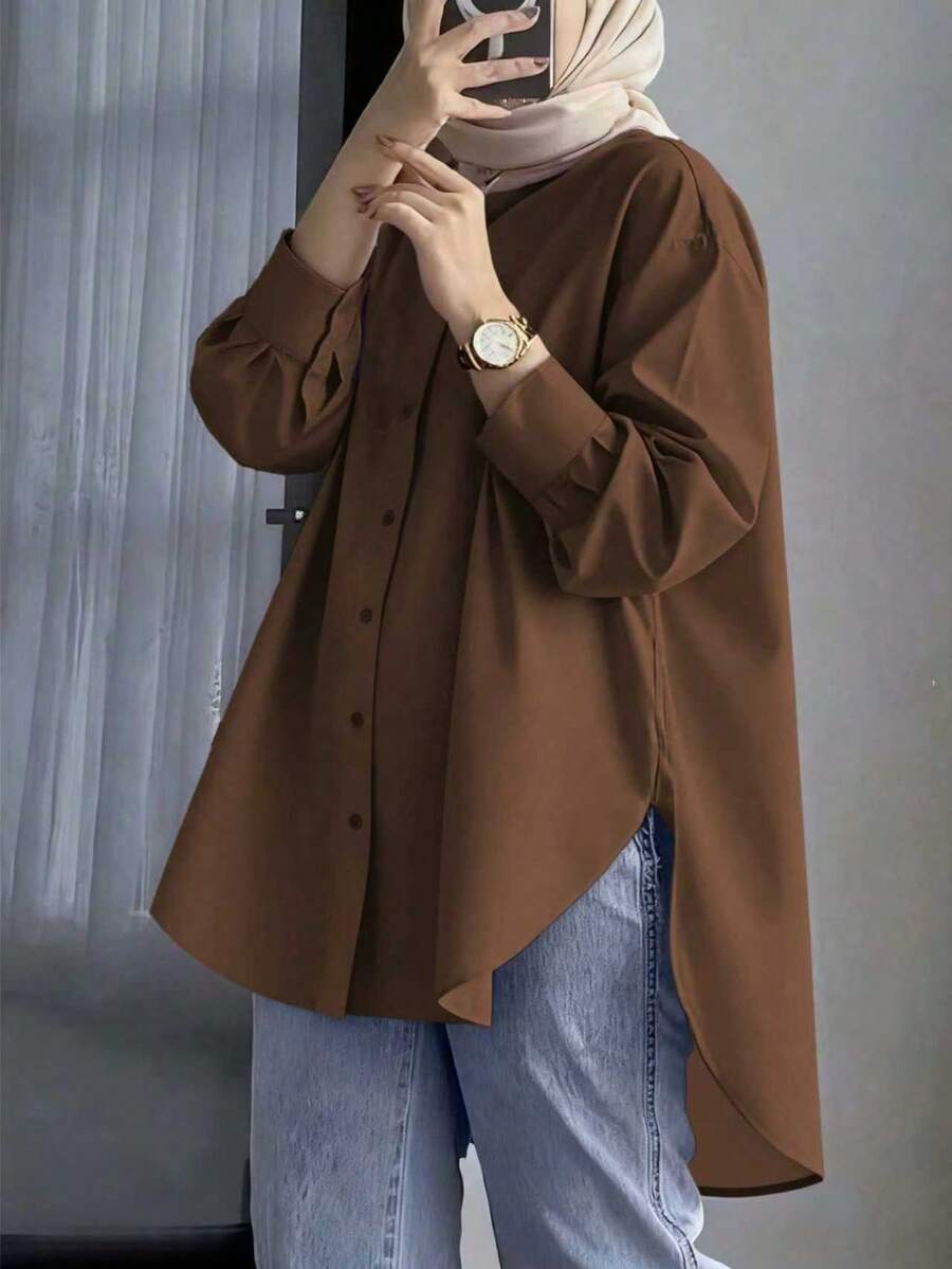 Women's Long Sleeve Plaid Shirt, Collared Button Front, Woven Fabric, Simple And Elegant Design - Brown - View 1