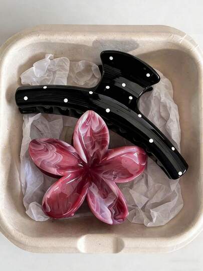 2个/1个 10.5厘米/4.13英寸 玫瑰红和黑色波点花朵造型扎染发夹，优雅塑料发饰，用途广泛，适合日常、休闲、派对、通勤、度假 - 可用于扎头发、马尾辫、发髻、洗脸、化妆、搭配服装