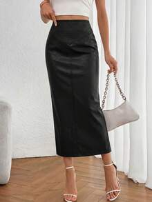 PRETTYGARDEN Women's New Fall Faux Leather Maxi Skirt, High Waist, Elegant Casual Pencil Maxi Skirt Slit Design New Years Valentine Vacation Skirt - 黑色 - 查看 4