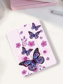 1pc Dreamy Purple Butterfly & Flower Pattern Tablet Protective Case, Tri-Fold Stand Protective Shell, Compatible With 10.2", Pro 2021/2020/ (A16) 11", 11th Gen 2025/10th Gen, Galaxy Tab A8 10.5" 2022, Matepad 10.4/Tab, , Anti-Drop, With Pen Slot, Sleep/Wake Support, Romantic Valentine's Day Gift - Multicolor - View 3