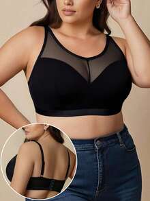 Plus Size Women's Black Sexy Mesh Patchwork Wireless Full Coverage Seamless Comfortable Thin Bra - Black - View 3