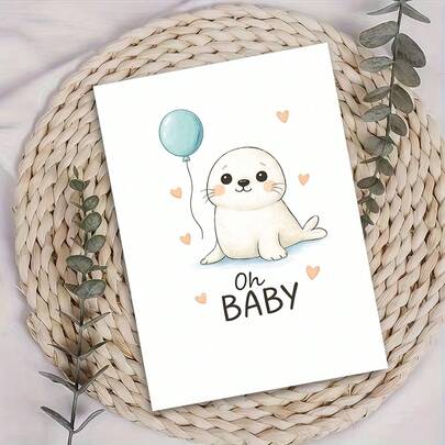 1pc "Cute Seal 'Oh BABY' Baby Shower Card"Cheerful Celebration Card – Clean White Backdrop, Featuring An Adorable Watercolor Illustration Of A Baby Seal With A Blue Balloon And Tiny Hearts, Paired With The Playful Text: "Oh BABY".Baby Shower Card With Envelope, Blank Inside For Personal Notes.Perfect Gift For Expecting Parents, Blending A Sweet, Whimsical Design With Warm Affection To Celebrate Their New Arrival.
