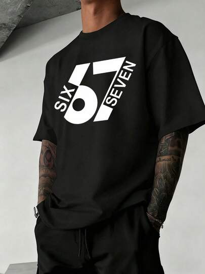 男士休闲时尚百搭数字“67”印花圆领短袖T恤，夏季
