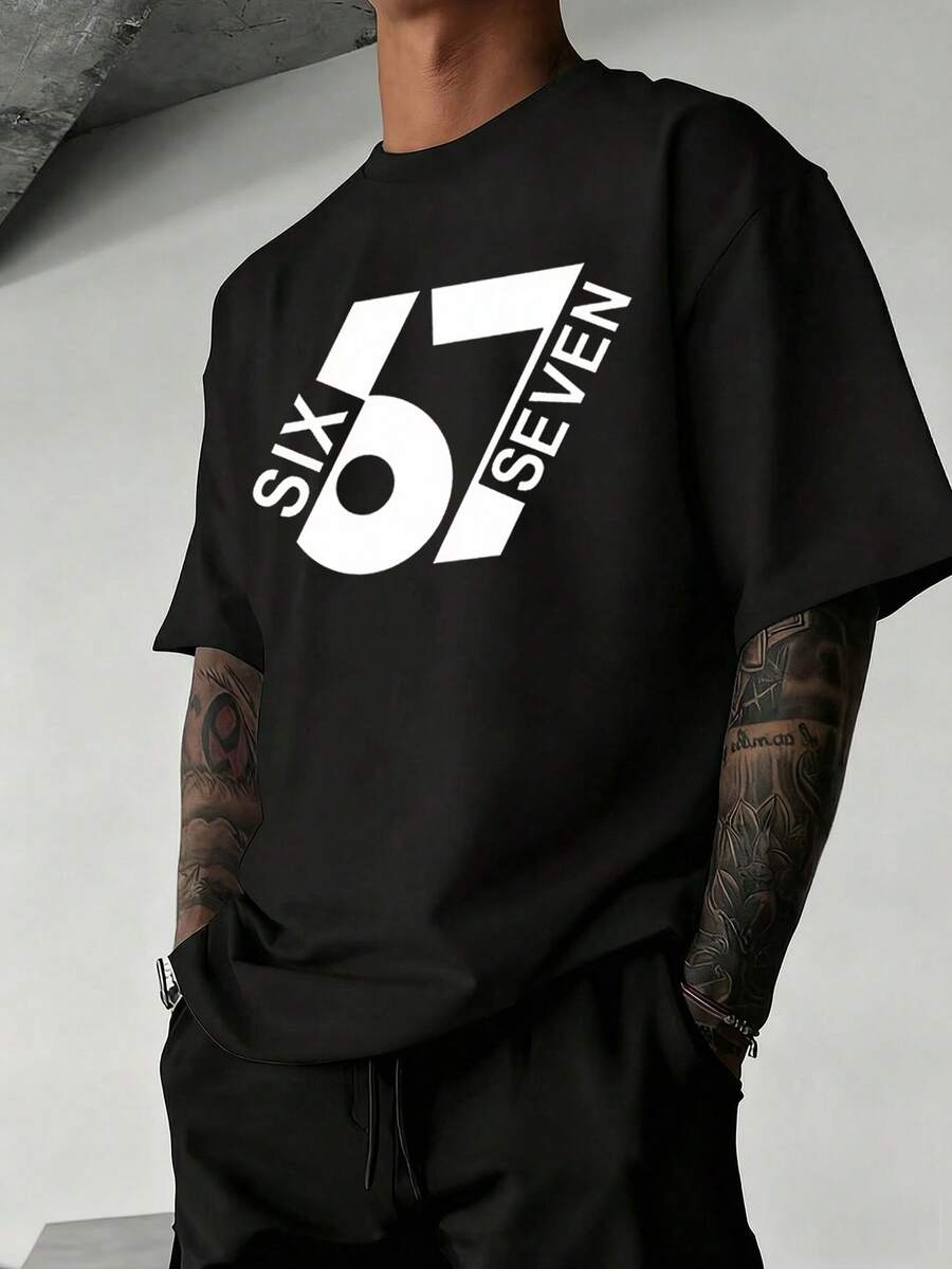 男士休闲时尚百搭数字“67”印花圆领短袖T恤，夏季 - 黑色 - 查看 1