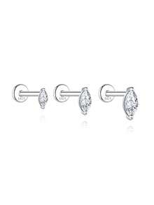 1Pc 925 Sterling Silver Moissanite Classic Horse'S Eye Multiple Sizes Stud Earring Hypoallergenic Pure Silver Flat Back Cartilage Helix Piercing Suitable For Women'S Daily Wear, Parties, Wedding, And Banquet Occasions - Silver - View 7
