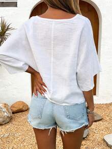 女士V领系带亚麻衬衫，宽松蝙蝠袖休闲通勤上衣，夏季修身款 - 白色 - 查看 2