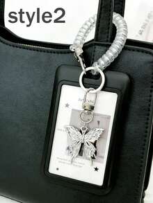 INS Style Pearl Bow Black Acrylic Hard Card Holder, Fashion Faux Pearl Black Mesh Bow Keychain With Black Clip, Fashion Phone Case Pearl Pendant, Minimalist Bow Design, Sliding Double Card Slot, Pearl Bow Keychain, Small Card Holder, Bus Card Holder, Seamless, Bank Card Holder, Metro Card Storage, Portable Hanging, Adjustable ID Card Holder Pendant Keychain, Suitable For Office Workers And Students, Perfect Gift, Mother's Day, Easter, Independence Day, Back To School, Wedding - Multicolor - View 4