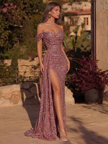 ADYCE Shoulder Cutout High Slit Sequin Ruffle Cocktail Party Maxi Dress With Long Ribbon, Elegant Formal Evening Gown For Wedding Guest, Formal Banquet Dress, Glamorous Sequin, Graduation Dress Spring - Dusty Pink - View 6