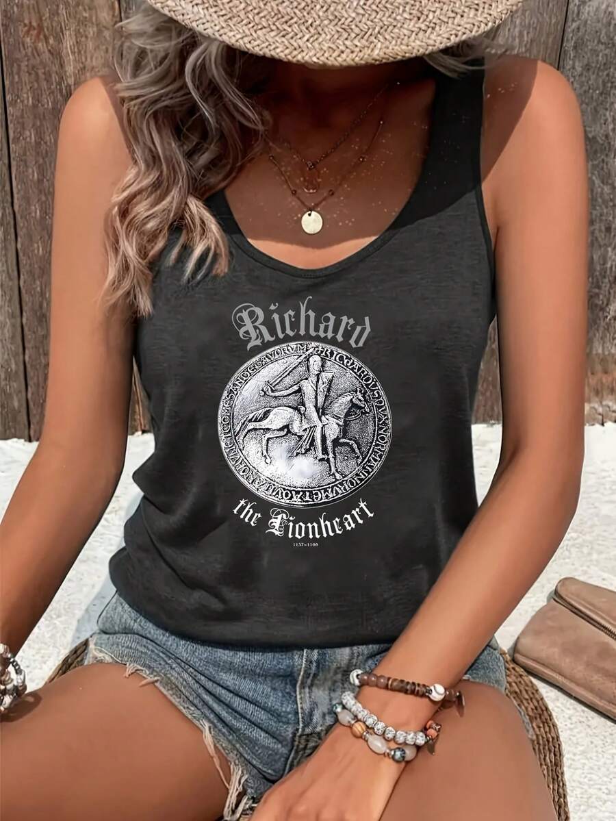 1pc Richard The Lionheart King Of England Crusader Medieval Pioneer Women's Plus Size Tank Tops Crew Neck Novelty Shirt Casual Top Funny Graphic Tee Sleeveless Summer Vacation Clothing - 黑色 - 查看 1
