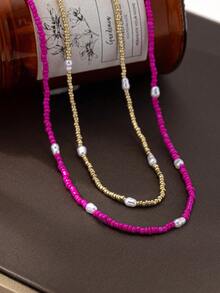 2pcs Fashionable Bohemian Minimalist Pearl Beaded Necklace Set For Women - Hot Pink - View 2