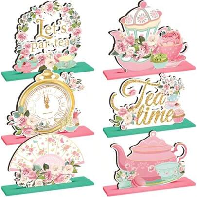 6 Pcs Floral Tea Party Decorations Spring Floral Time Table Wooden Centerpieces Pink Flower Teapot Sign For Baby Shower Princess Birthday Spring Party Wedding