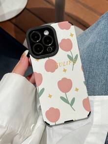 1pc TPU Cat Eye Vertical Striped Phone Case, Pink Tulip Pattern Design, Minimalist & Fashionable, Soft & Comfortable Grip, Compatible With IPhone/16/15/14/13/12/11/Plus/Max/Pro - Multicolor - View 1