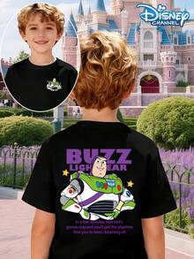 Disney T-Shirt Toy Story T-Shirt Boys' Round Neck Short Sleeved Buzz Lightyear Big Print+Fun Lines Cool And Cool Personality Style Suitable For Summer Theme Parks/Birthday Parties/Student Gatherings - 黑色 - 查看 1