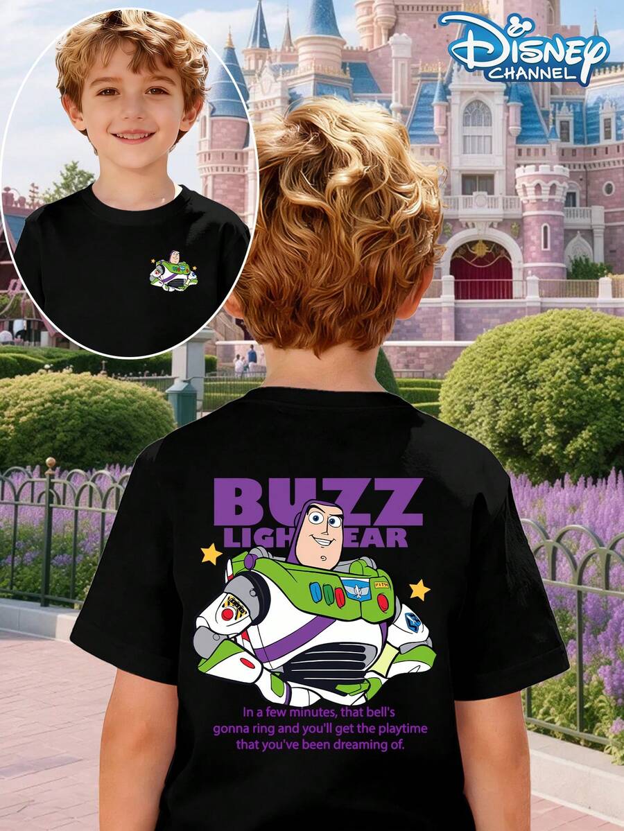 Disney T-Shirt Toy Story T-Shirt Boys' Round Neck Short Sleeved Buzz Lightyear Big Print+Fun Lines Cool And Cool Personality Style Suitable For Summer Theme Parks/Birthday Parties/Student Gatherings - 黑色 - 查看 1
