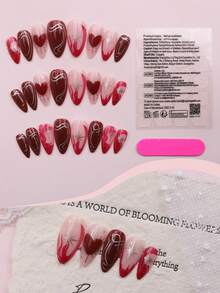 24片杏仁形甜美撞色心形星形美甲贴纸，情人节专属，包含凝胶美甲贴和指甲锉，提升您的节日美甲造型，日常佩戴也同样适用，适合学校、办公室、派对等场合。 - 酒紅色 - 查看 4