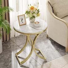 LITTLE TREE Round End Table With Gold Metal Legs,23.6-Inch Modern Faux Marble Side Table, Small Nightstand,Small Coffee Table For Living Room Bedroom Small Space, White Gold - 白色和金色 - 查看 3
