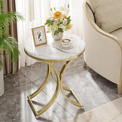  LITTLE TREE Round End Table With Gold Metal Legs,23.6-Inch Modern Faux Marble Side Table, Small Nightstand,Small Coffee Table For Living Room Bedroom Small Space, White Gold