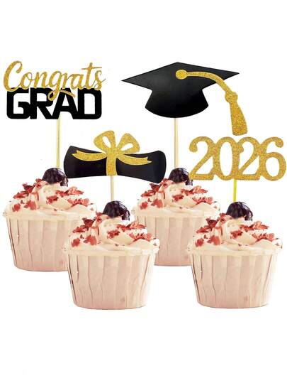 16pcs 2026 Graduation Cupcake Toppers, Glitter Graduation Cap Decorations, 2026 Graduation Party Mini Cake Decorations, Diploma 2026 Graduation Cap, Graduation Theme Birthday Party Decorations, Congrats 2026 Graduation Party (Black & Gold), High School/College Graduation Party (Black), Graduation Party Supplies (Congrats)