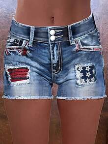 Plus-Size Women's High-Waisted Denim Shorts, Featuring Fashionable Back Pocket Embroidery With Frayed Edges, Suitable For Campus, Daily Wear, And Washable Stretchy Plus-Size Women's Skinny Jeans. - 中等水洗藍 - 查看 10