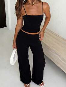 Women's Summer Two Pieces Black Simple Casual Hottie Suspender Top And Wide Leg Pantsuit Is Suitable For Daily Commuting - Black - View 5