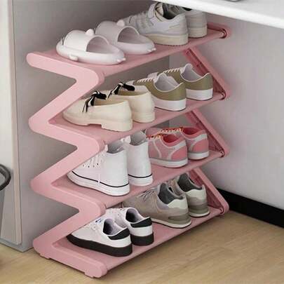 4-stöckiges großes Z-förmiges Schuhgestell, einfache Montage ohne Werkzeug, rosa Kunststoff stapelbares Aufbewahrungsregal, geeignet für Zuhause, Wohnheim und Wohnzimmer, platzsparendes bodenstehendes Design, Schuhorganizer
