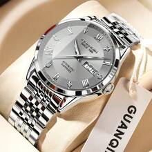 1 pièce Montre GUANQIN étanche et lumineuse, calendrier double, cadran serti de diamants, bracelet en acier inoxydable résistant aux rayures. Montre mécanique à remontage automatique de mode, de luxe, sportive et classique minimaliste pour hommes. Convient pour la Saint-Valentin, les vacances, les sorties, les affaires, le port quotidien, les cadeaux - Or rose - Voir 4