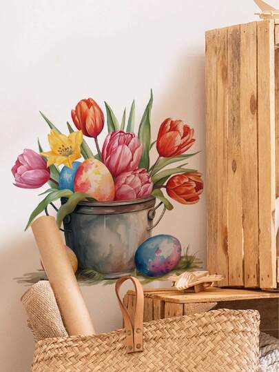 1pc 30*30cm/30*60cm Easter Decoration Wall Sticker, Tulips, Purple Mushroom House, Ducklings, Basket, Eggs, Rabbits, Holiday Elements Decor Wall Sticker, PVC Self-Adhesive Removable, Suitable For Bedroom, Living Room, Study, Dining Room, Bathroom, Home Wall Decor, Room Decoration